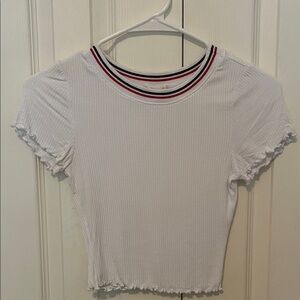 Bozzolo White Ribbed Top with Striped Collar